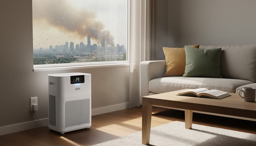 A HEPA air purifier in a living room helping improve indoor air quality in a Vancouver home.