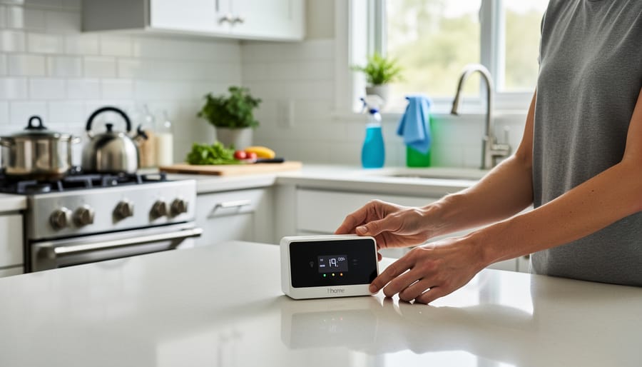 A person setting up an indoor air quality monitor on a kitchen counter in a Vancouver home.