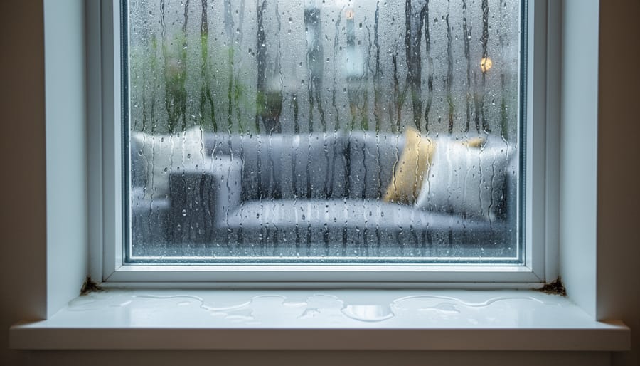 Condensation and rain on an indoor window in a Vancouver home, suggesting excess indoor moisture.