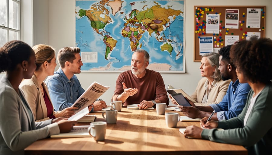 People reading newspapers and talking together at a Vancouver café table
