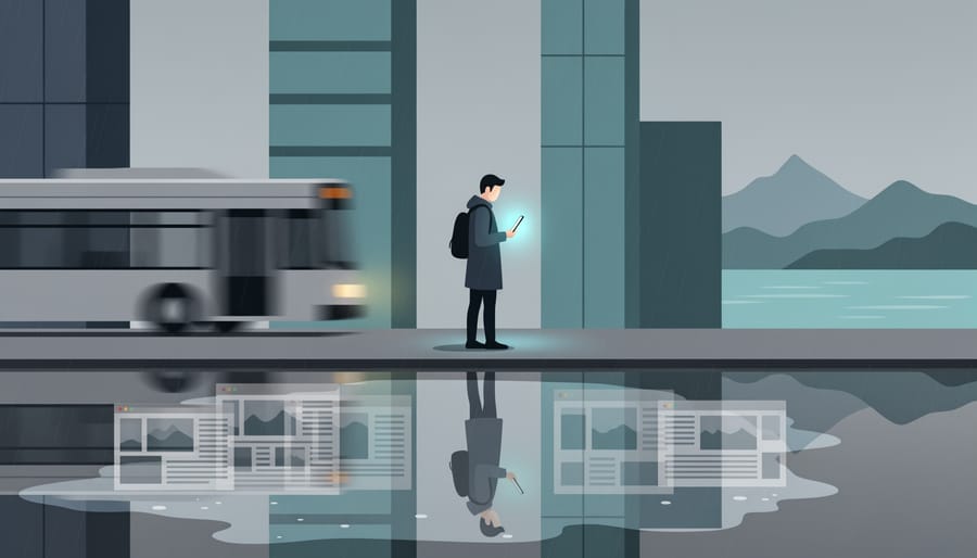 Person standing on a rainy Vancouver street holding a smartphone with the city skyline blurred in the background