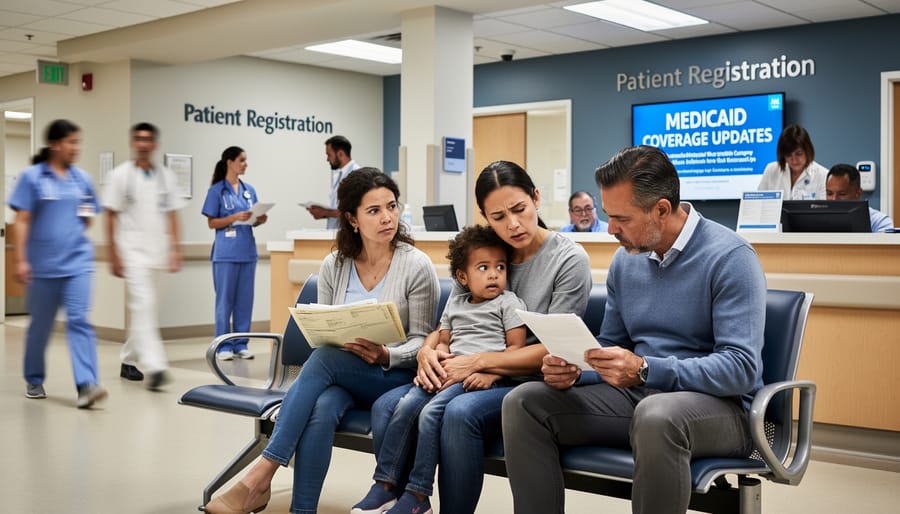 Diverse family waiting outside a hospital entrance with medical staff nearby