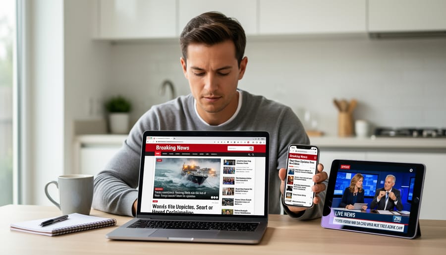 Close-up of a person holding a smartphone while another device displays blurred news feed glow