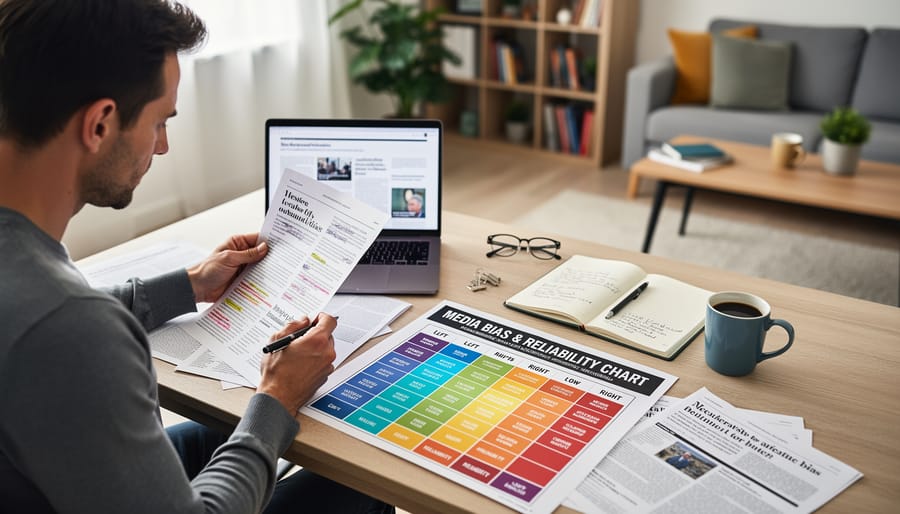 Person in a home office reviewing printed news articles and a blank notebook with a tablet beside them