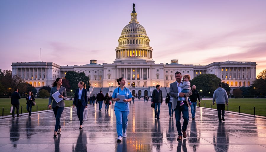 U.S. Capitol building photographed at dusk with warm window lights