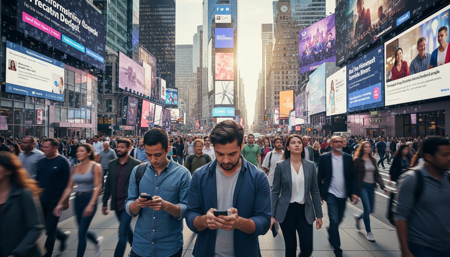 People on a busy Vancouver street holding newspapers and smartphones in soft daylight