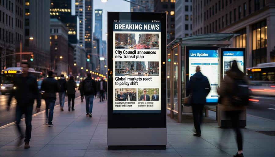 Wide shot of a Vancouver street at dusk with pedestrians and illuminated news-related displays in the background