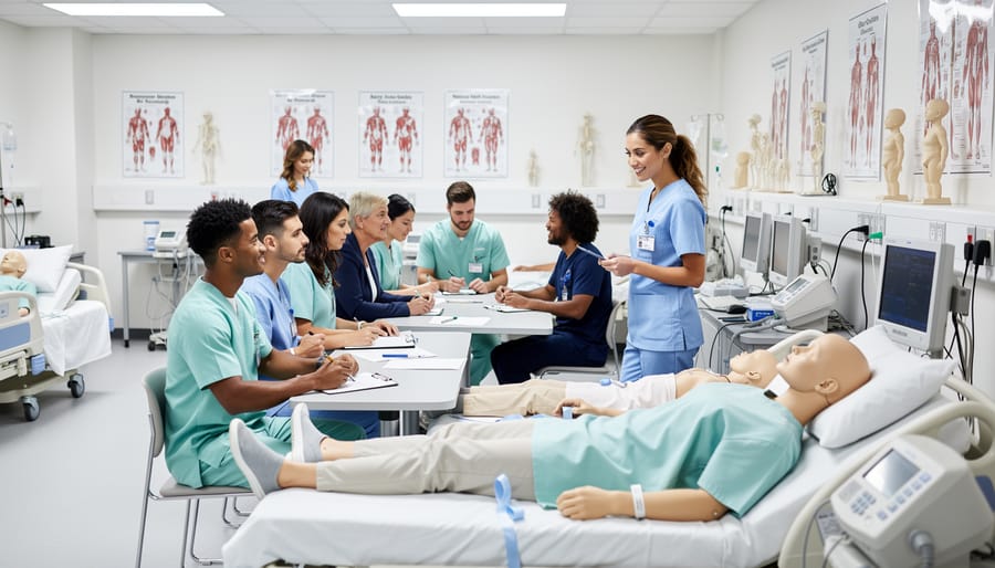 Student practicing on a medical mannequin in a healthcare training lab