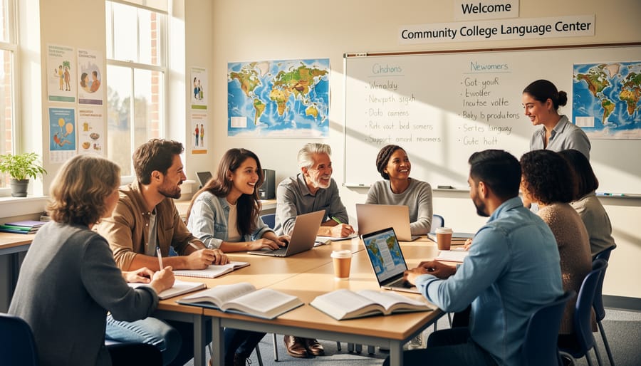 Newcomers discussing learning materials at a community college table