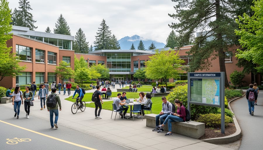 Diverse students walking through a Vancouver community college campus courtyard