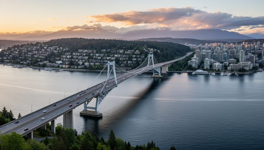 Bridge spanning Burrard Inlet with North Vancouver treeline in the distance