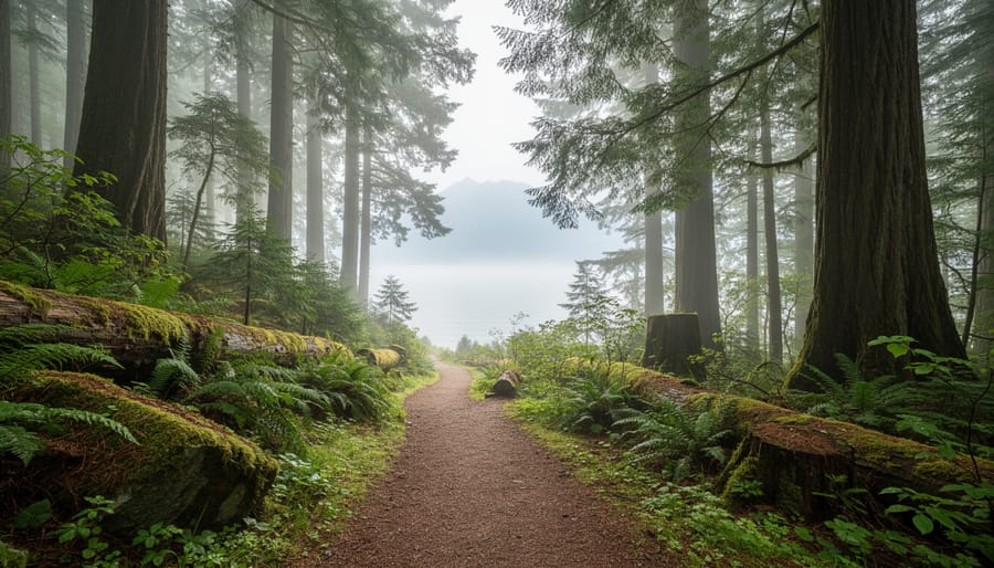 Evergreen forest trail with damp pine needles and distant ocean mist in North Vancouver