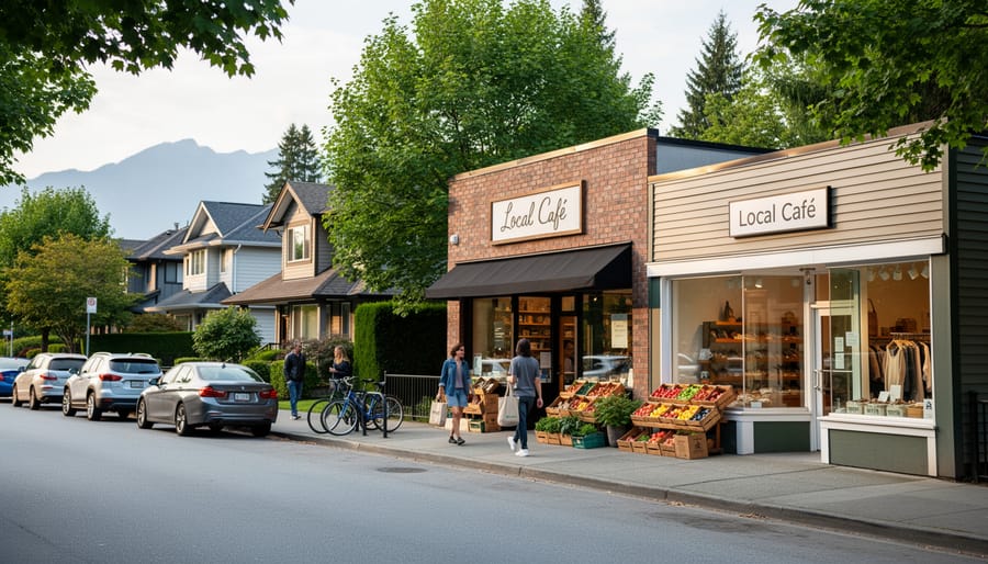 People walking past a North Vancouver coffee shop storefront on a neighborhood street